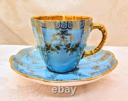 Rare Royal Crown Derby Turquoise & 24k Heavy Gold Demitasse Cup & Saucer Antique