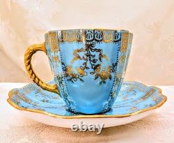Rare Royal Crown Derby Turquoise & 24k Heavy Gold Demitasse Cup & Saucer Antique
