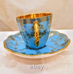 Rare Royal Crown Derby Turquoise & 24k Heavy Gold Demitasse Cup & Saucer Antique