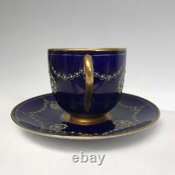 Rare Royal Worcester demitasse cup & saucer. Jeweled Beaded. C1911. Blue & Gold