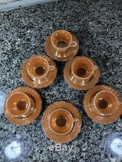 Rare Set Of 6 Fish Scale Peach Lustre Demitasse Cups and Saucers Fire King