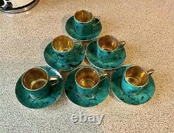 Rare Set Of Six Demitasse Cups And Saucers In Malachite Design