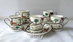 Rare Set of Five Crown Staffordshire Hunting Scene Demitasse Cups and Saucers