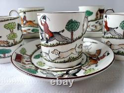 Rare Set of Five Crown Staffordshire Hunting Scene Demitasse Cups and Saucers