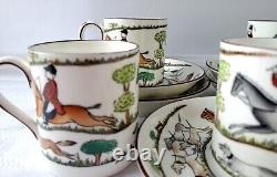 Rare Set of Five Crown Staffordshire Hunting Scene Demitasse Cups and Saucers