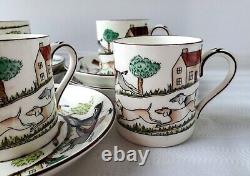 Rare Set of Five Crown Staffordshire Hunting Scene Demitasse Cups and Saucers