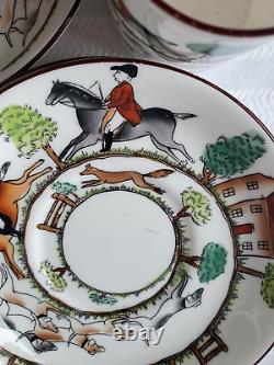 Rare Set of Five Crown Staffordshire Hunting Scene Demitasse Cups and Saucers