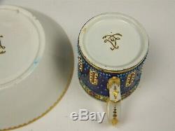 Rare Sevres France Cobalt Blue Raised Gold Lot Of Jewels Demitasse Cup & Saucer