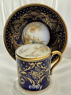 Rare Shelley Cobalt Blue Miniature Demitasse Cup & Saucer Gold Geese Ducks Fowl