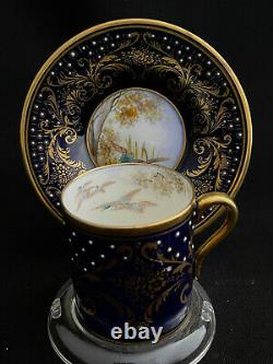 Rare Shelley Cobalt Blue Miniature Demitasse Cup & Saucer Gold Geese Ducks Fowl