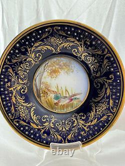 Rare Shelley Cobalt Blue Miniature Demitasse Cup & Saucer Gold Geese Ducks Fowl