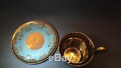 Rare Turquoise Roses Flower Heavy Gold Demitasse Cup & Saucer Teacup Footed Mark