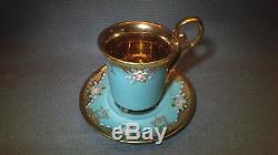 Rare Turquoise Roses Flower Heavy Gold Demitasse Cup & Saucer Teacup Footed Mark