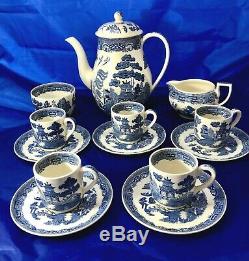 Rare Wedgwood Blue Willow Demitasse Set Coffee Pot, Cream Sugar 5 Cups & Saucers