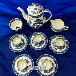 Rare Wedgwood Blue Willow Demitasse Set Coffee Pot, Cream Sugar 5 Cups & Saucers