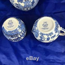 Rare Wedgwood Blue Willow Demitasse Set Coffee Pot, Cream Sugar 5 Cups & Saucers