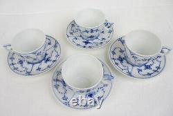 Royal Copenhagen 4 tiny Blue Fluted Plain demitasse cups & saucers