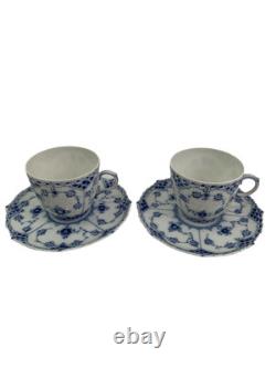 Royal Copenhagen Blue Fluted Full Lace Set 2 Demitasse Cup Saucer 1035 1st Q 5+