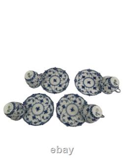 Royal Copenhagen Blue Fluted Full Lace Set 4 Demitasse Cup Saucer 1035 1st Q 5+