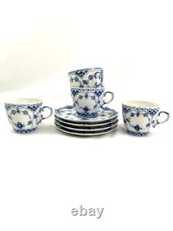 Royal Copenhagen Blue Fluted Full Lace Set 4 Demitasse Cup Saucer 1035 1st Q 5+