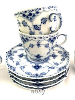 Royal Copenhagen Blue Fluted Full Lace Set 4 Demitasse Cup Saucer 1035 1st Q 5+
