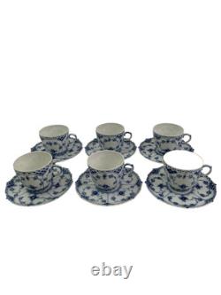 Royal Copenhagen Blue Fluted Full Lace Set 6 Demitasse Cup Saucer 1035 1st Q 5+