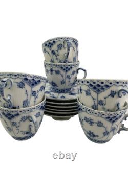 Royal Copenhagen Blue Fluted Full Lace Set 6 Demitasse Cup Saucer 1035 1st Q 5+