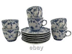Royal Copenhagen Blue Fluted Full Lace Set 6 Demitasse Cup Saucer 1035 1st Q 5+