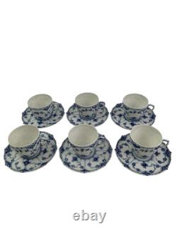Royal Copenhagen Blue Fluted Full Lace Set 6 Demitasse Cup Saucer 1035 1st Q 5+