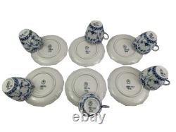 Royal Copenhagen Blue Fluted Full Lace Set 6 Demitasse Cup Saucer 1035 1st Q 5+
