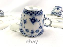 Royal Copenhagen Blue Fluted Full Lace Set 6 Demitasse Cup Saucer 1035 1st Q 5+