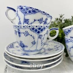 Royal Copenhagen Blue Fluted Half Lace Demitasse Cups & Saucers #756 / Denmark /