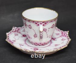 Royal Copenhagen Red Fluted Full Lace Demitasse Cup & Saucer Antique 1890s-As Is