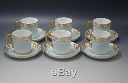 Royal Crown Derby Heraldic Gold Blue And White 6 Coffee Cups Saucers Demitasse