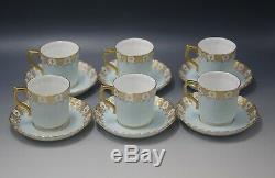 Royal Crown Derby Heraldic Gold Blue And White 6 Coffee Cups Saucers Demitasse