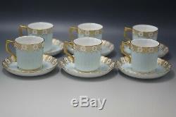 Royal Crown Derby Heraldic Gold Blue And White 6 Coffee Cups Saucers Demitasse