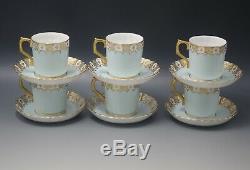 Royal Crown Derby Heraldic Gold Blue And White 6 Coffee Cups Saucers Demitasse