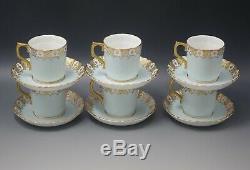 Royal Crown Derby Heraldic Gold Blue And White 6 Coffee Cups Saucers Demitasse