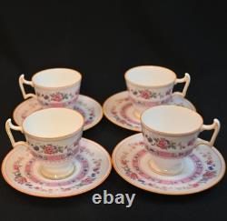 Royal Doulton Demitasse 4 Cups 4 Saucers Urn Pink Bands Yellow Trim HP 1922-1927