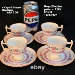 Royal Doulton Demitasse 4 Cups 4 Saucers Urn Pink Bands Yellow Trim HP 1922-1927