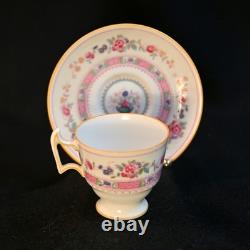 Royal Doulton Demitasse 4 Cups 4 Saucers Urn Pink Bands Yellow Trim HP 1922-1927