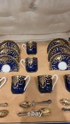 Royal Doulton Set of 6 Demitasse Cobalt Cups & Saucers With Gold