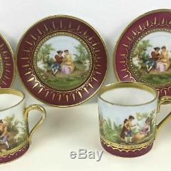 Royal Vienna Set of 4 Porcelain Demitasse Small Cup & Saucer W Romantic Scene