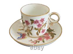 Royal Worcester 1800's Porcelain Floral Butterfly Demitasse Cup and Saucer