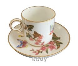 Royal Worcester 1800's Porcelain Floral Butterfly Demitasse Cup and Saucer