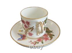 Royal Worcester 1800's Porcelain Floral Butterfly Demitasse Cup and Saucer