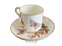 Royal Worcester 1800's Porcelain Floral Butterfly Demitasse Cup and Saucer