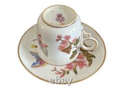 Royal Worcester 1800's Porcelain Floral Butterfly Demitasse Cup and Saucer