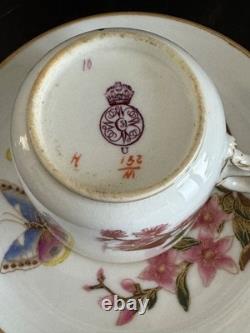Royal Worcester 1800's Porcelain Floral Butterfly Demitasse Cup and Saucer