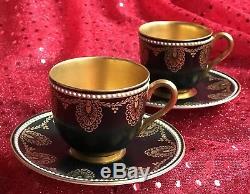 Royal Worcester Antique Pair Demitasse Cups & Saucers Jewelled